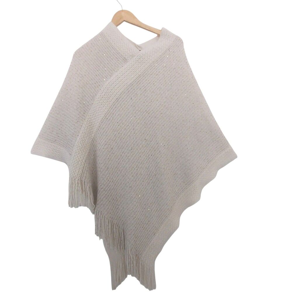 Cejon Knit Poncho OS Fringe Triangle Cape Sweater Off White Boho Artsy